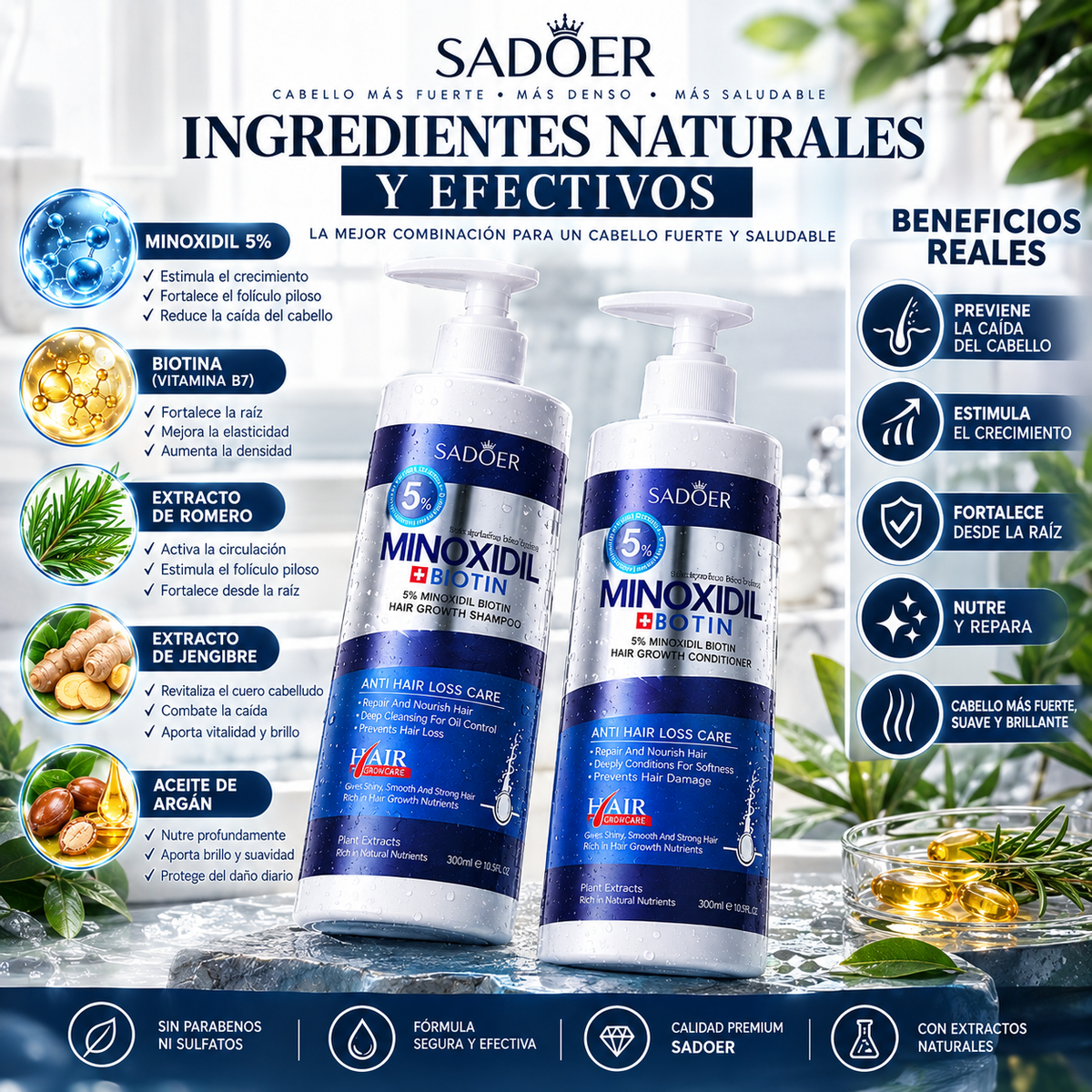 SADOER® Shampoo + Acondicionador Minoxidil 5% + Biotina